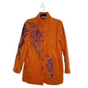 Bob Mackie Wearable Art Embroidered Fleece Jacket Women's Rust Orange Size Small